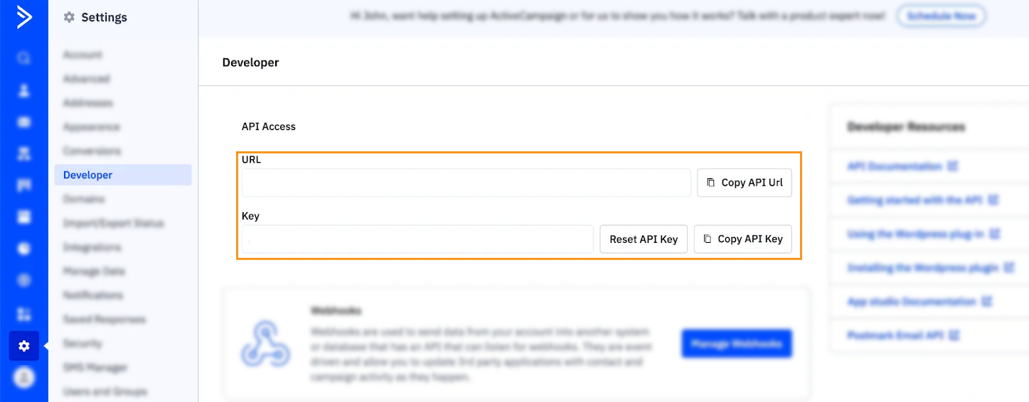 ActiveCampaign | Settings | Developer | API Url and Key