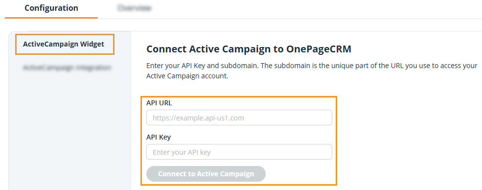 ActiveCampaign | Configuration page | Widget