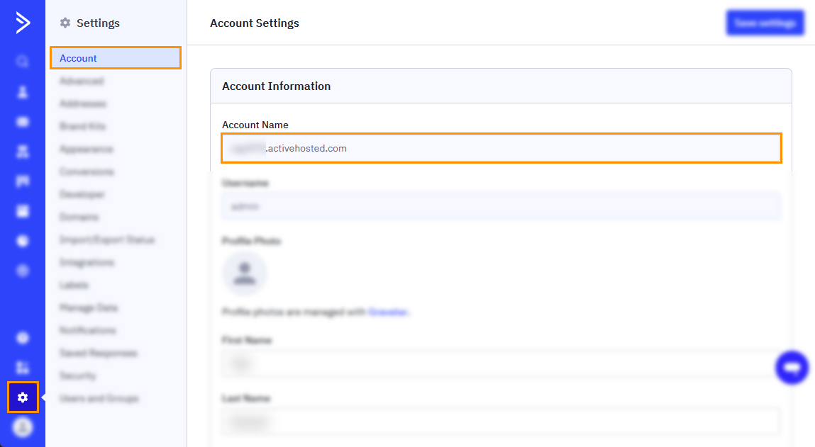 ActiveCampaign l Account Settings page