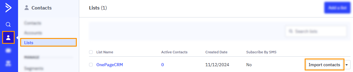 ActiveCampaign l Contacts page l Lists section l Import contacts button