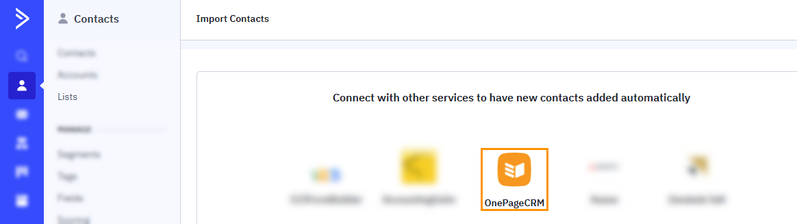 ActiveCampaign l Import contacts section l Scroll down to find OnePageCRM under other services.