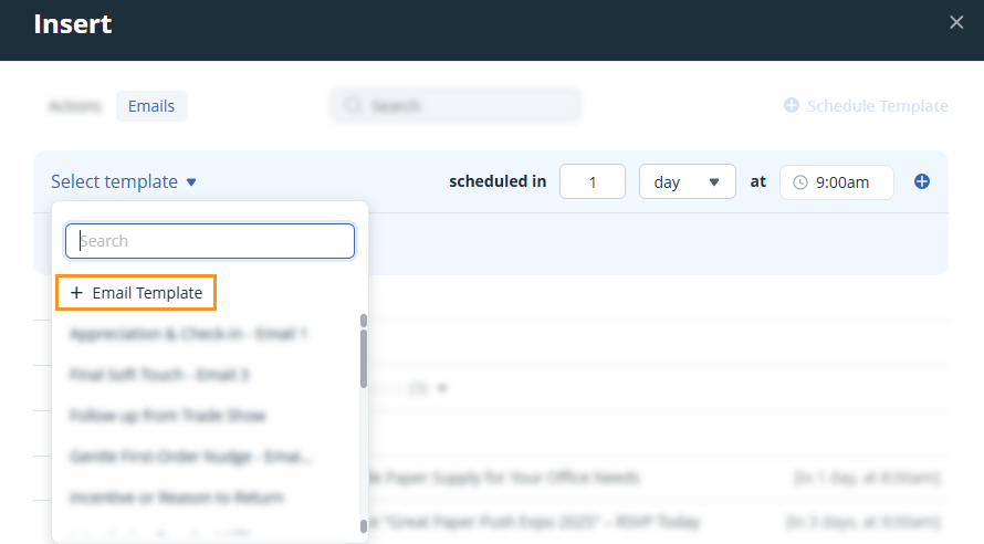 Contact profile | Insert pop-up | Schedule email | Create new email template