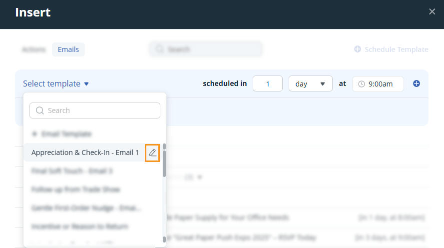 Contact profile | Insert pop-up | Schedule email | Edit email template