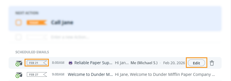 Contact profile | hover over the scheduled email sequences under the Next Action box to edit them.