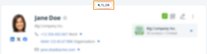 Contact page in OnePageCRM | TL;DR button at the top of the page.