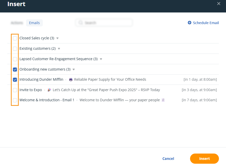 Insert pop-up | Emails tab | select email sequence and click on Insert