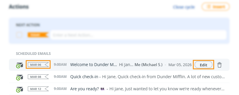 Contact profile | hover over the scheduled email sequences under the Next Action box to edit them.