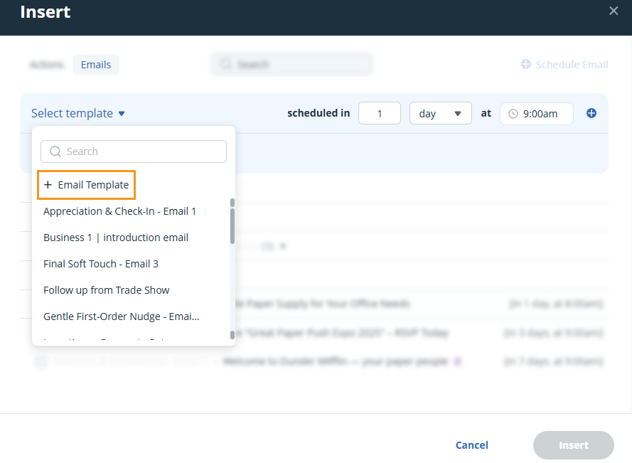 Contact profile | Insert pop-up | Schedule email | Create new email template