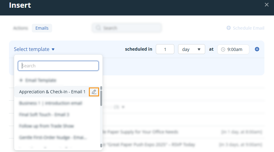 Contact profile | Insert pop-up | Schedule email |edit email template