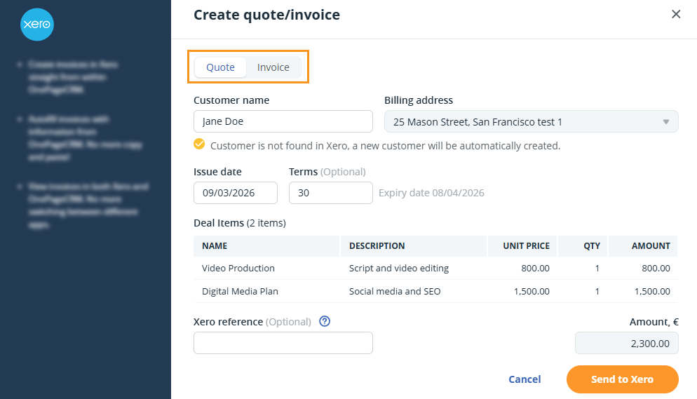 OnePageCRM | Xero pop-up window