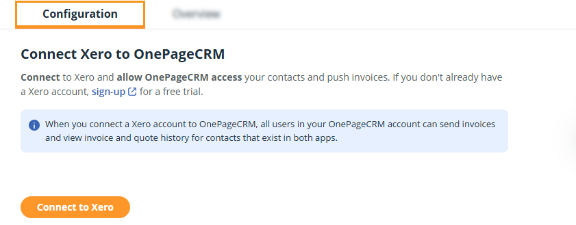 Xero Configuration Page, click on Connect to Xero.