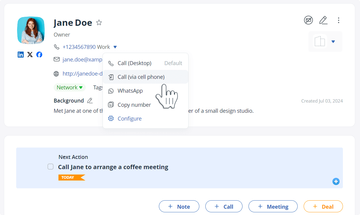 OnePageCRM | Contact profile | phone number dropdown | Call (via cell phone)