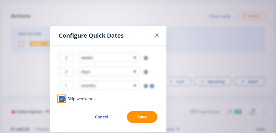 Contact Profile | date flag | configure quick dates pop-up | skip weekends