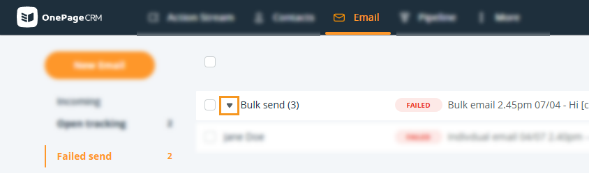 OnePageCRM | Email page | Failed send folder | expand bulk email