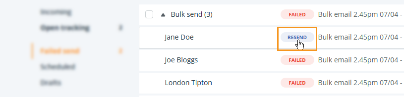 OnePageCRM | Email page | Failed send folder | Resend individual email