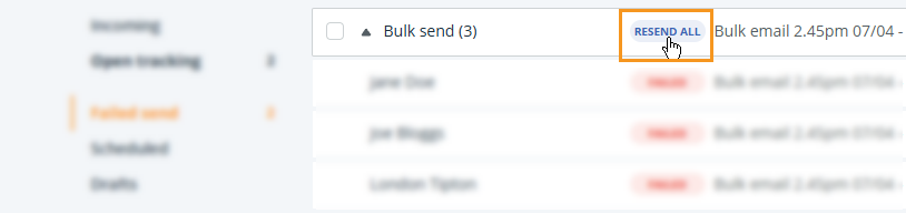 OnePageCRM | Email page | Failed send folder | Resend All bulk emails