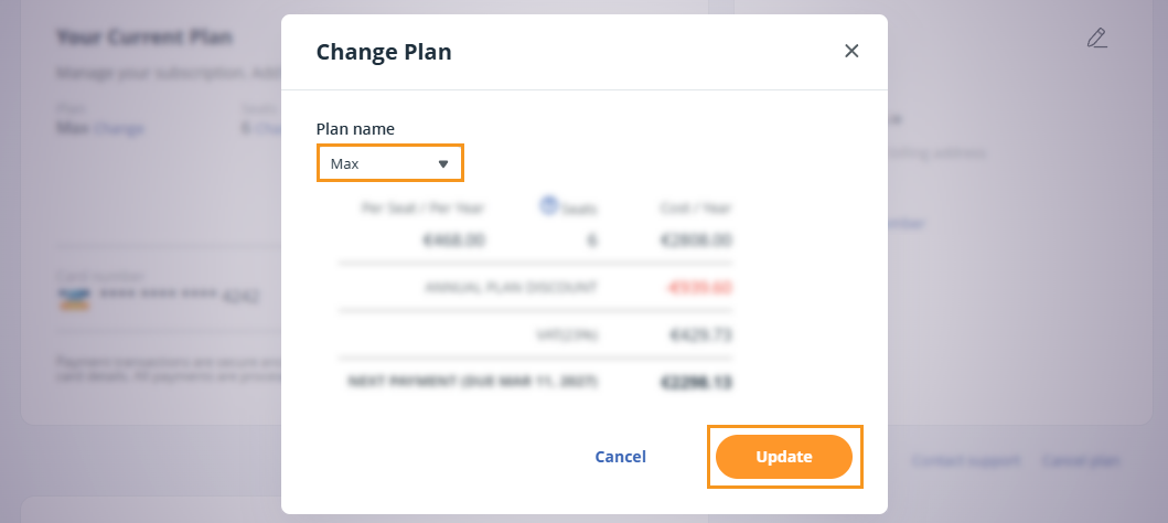 Change plan pop-up window