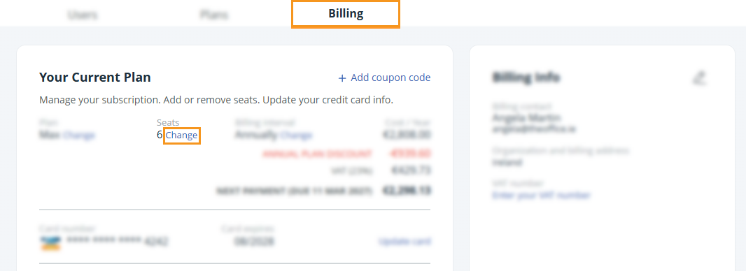 Billing page | change number of seats