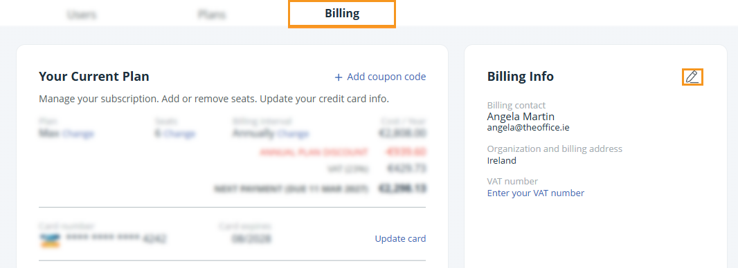 Billing page | Edit Billing info
