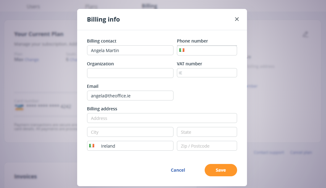 Edit Billing info pop-up