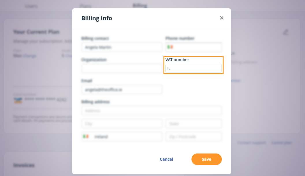 Edit Billing info | VAT number field