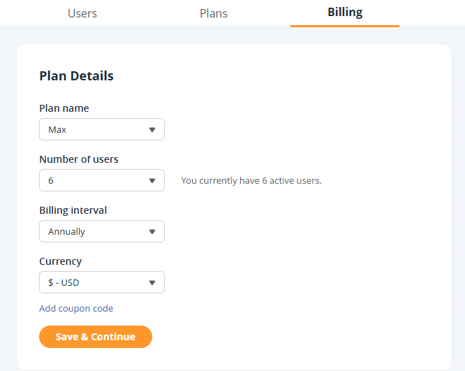 Billing page | Select Plan Details and click on Save & Continue
