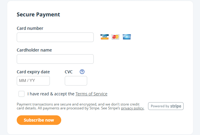 Billing page | Add payment details and click on Subscribe now