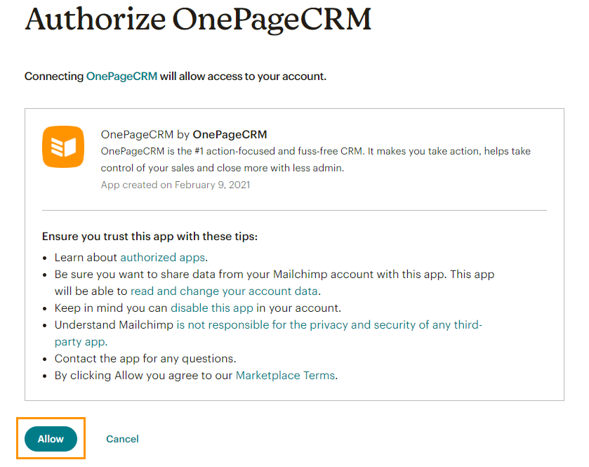 Mailchimp Authorize Page