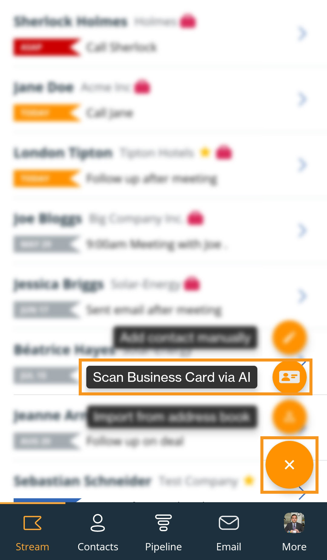 Android Mobile App | orange plus icon | Scan Business Card via AI