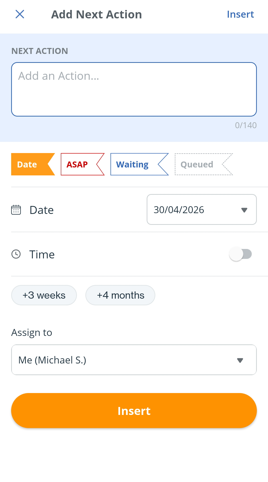 Android | Contact profile | Next Action section | Add Next Action