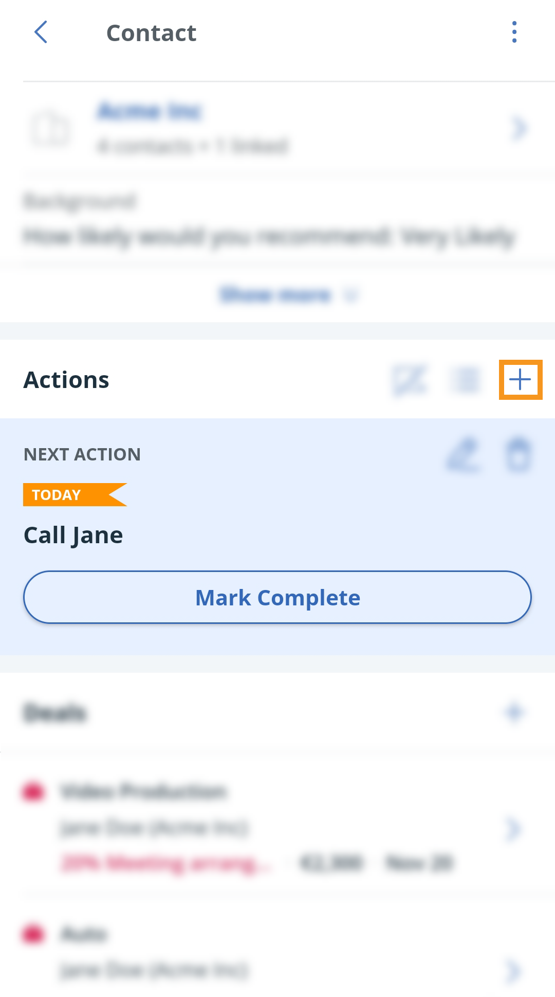 Android | Contact profile | Next Action section | Add another action