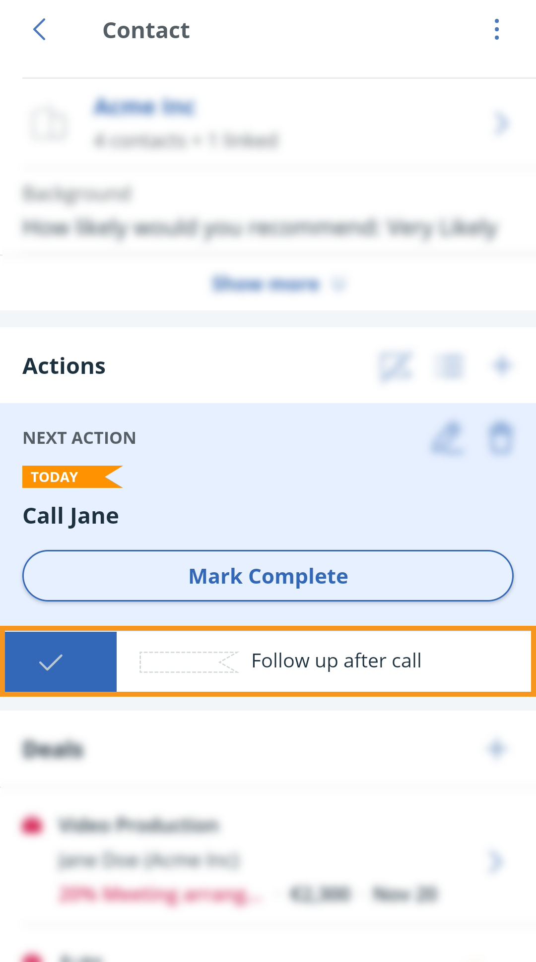 Android | Contact profile | Next Action section | swipe right