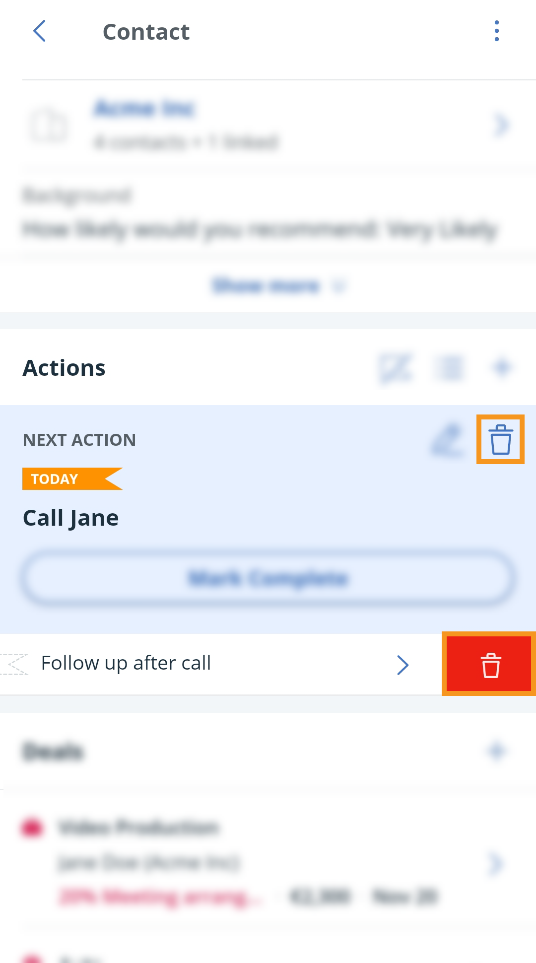 Android | Contact profile | Next Action section | swipe left