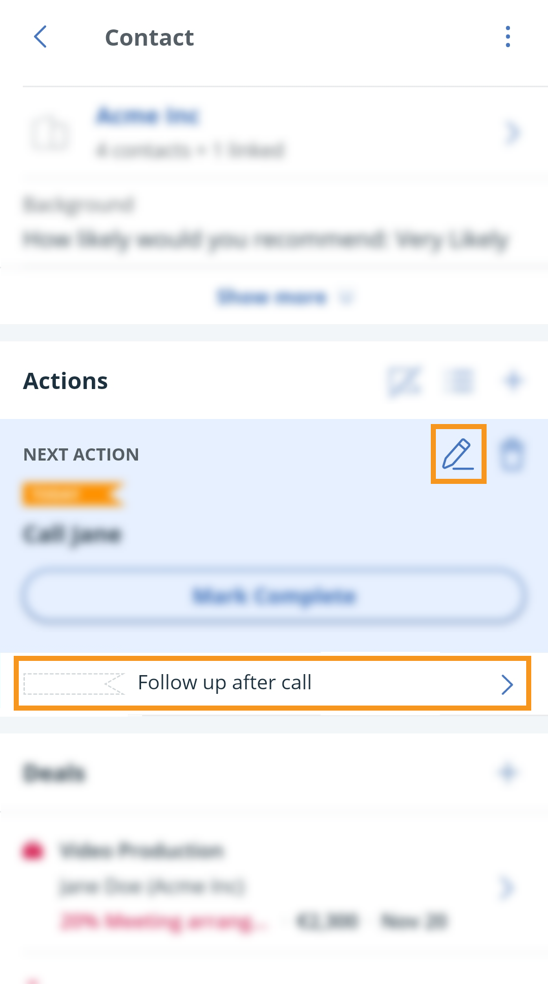 Android | Contact profile | Next Action section | edit actions