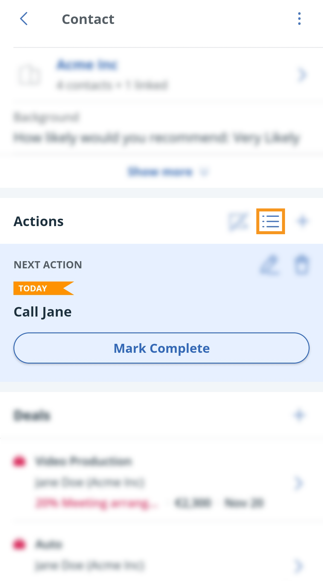 Android | Contact profile | Next Action section | Action templates