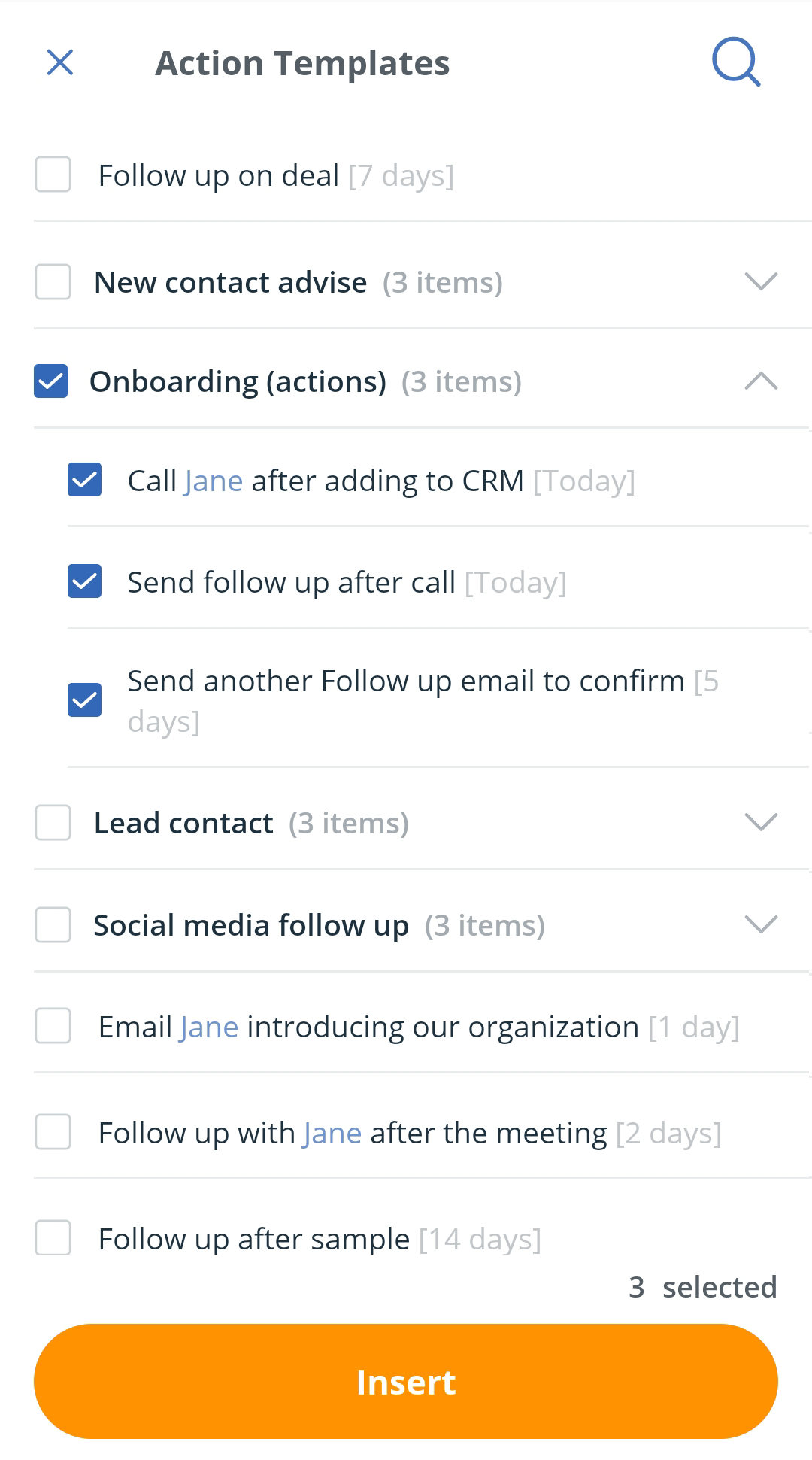 Android | Contact profile | Next Action section | Action templates | Select actions or groups