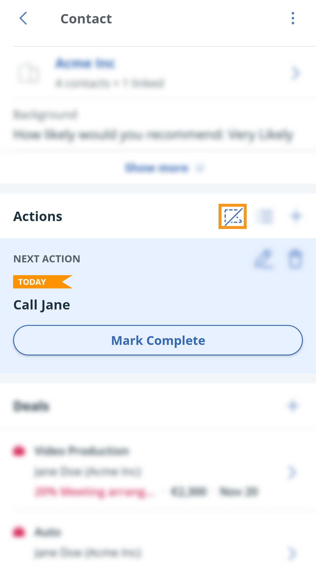 Android | Contact profile | Next Action section | Close sales cycle