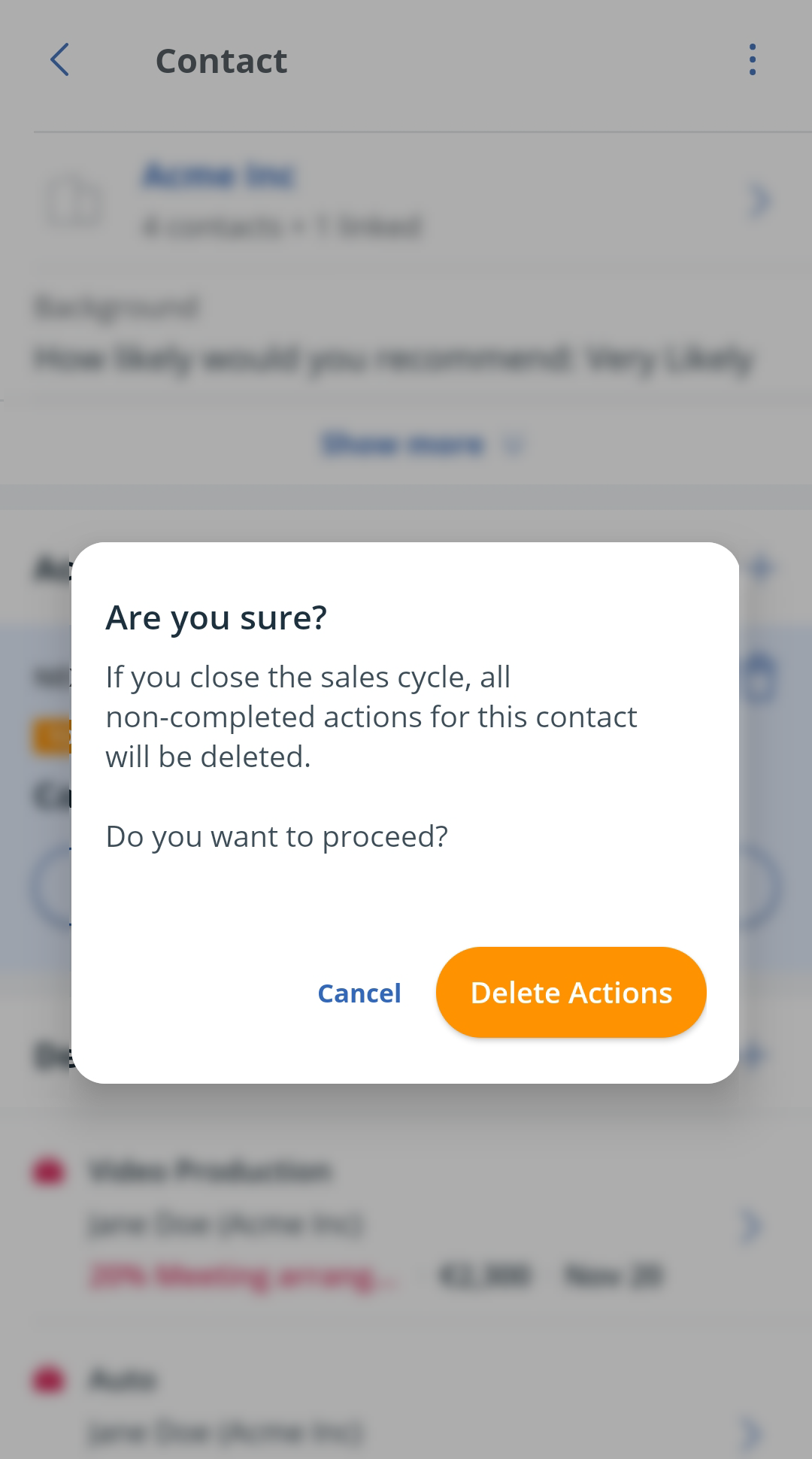 Android | Contact profile | Next Action section | Close sales cycle | Delete uncompleted actions