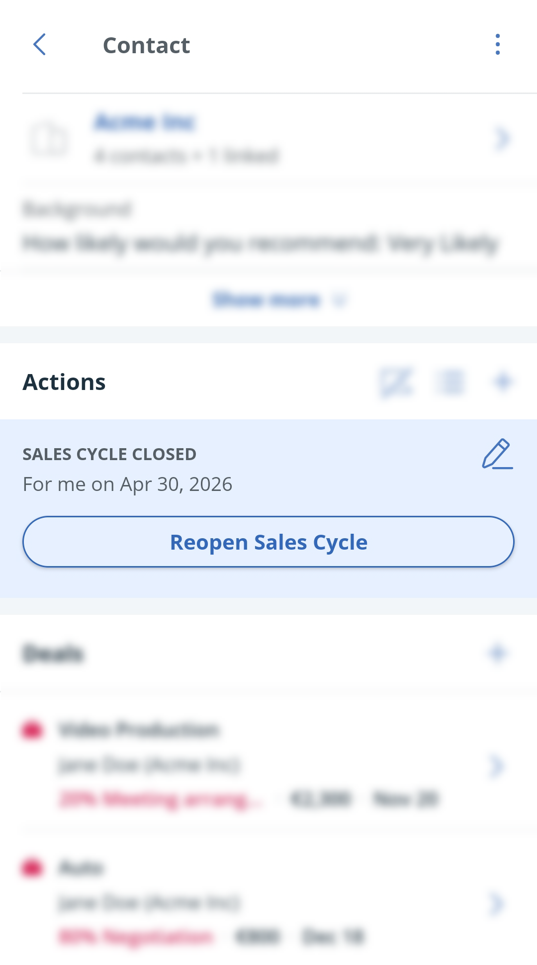 Android | Contact profile | Next Action section | Reopen sales cycle