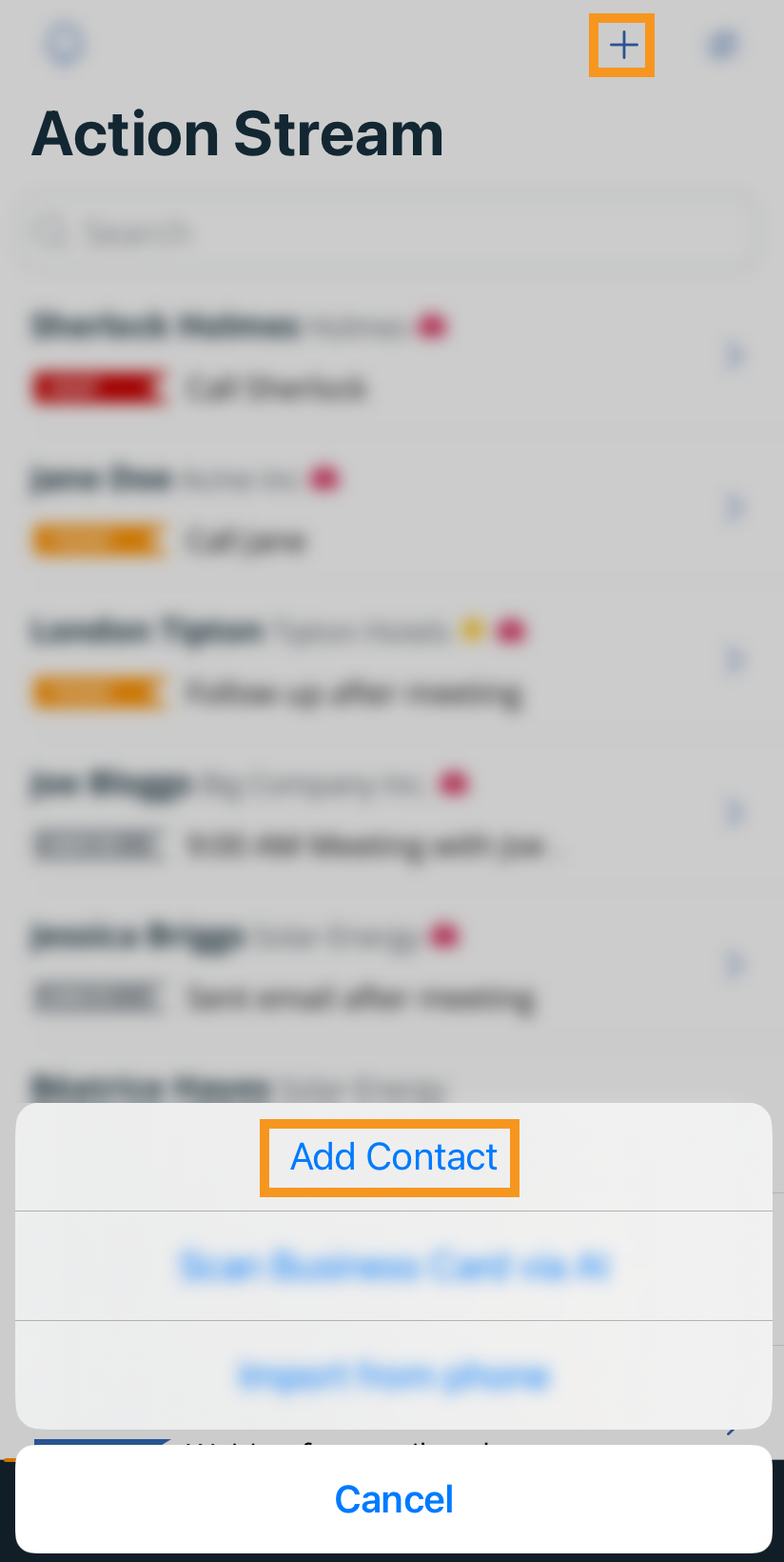 iOS | Action Stream | plus icon | Add contact