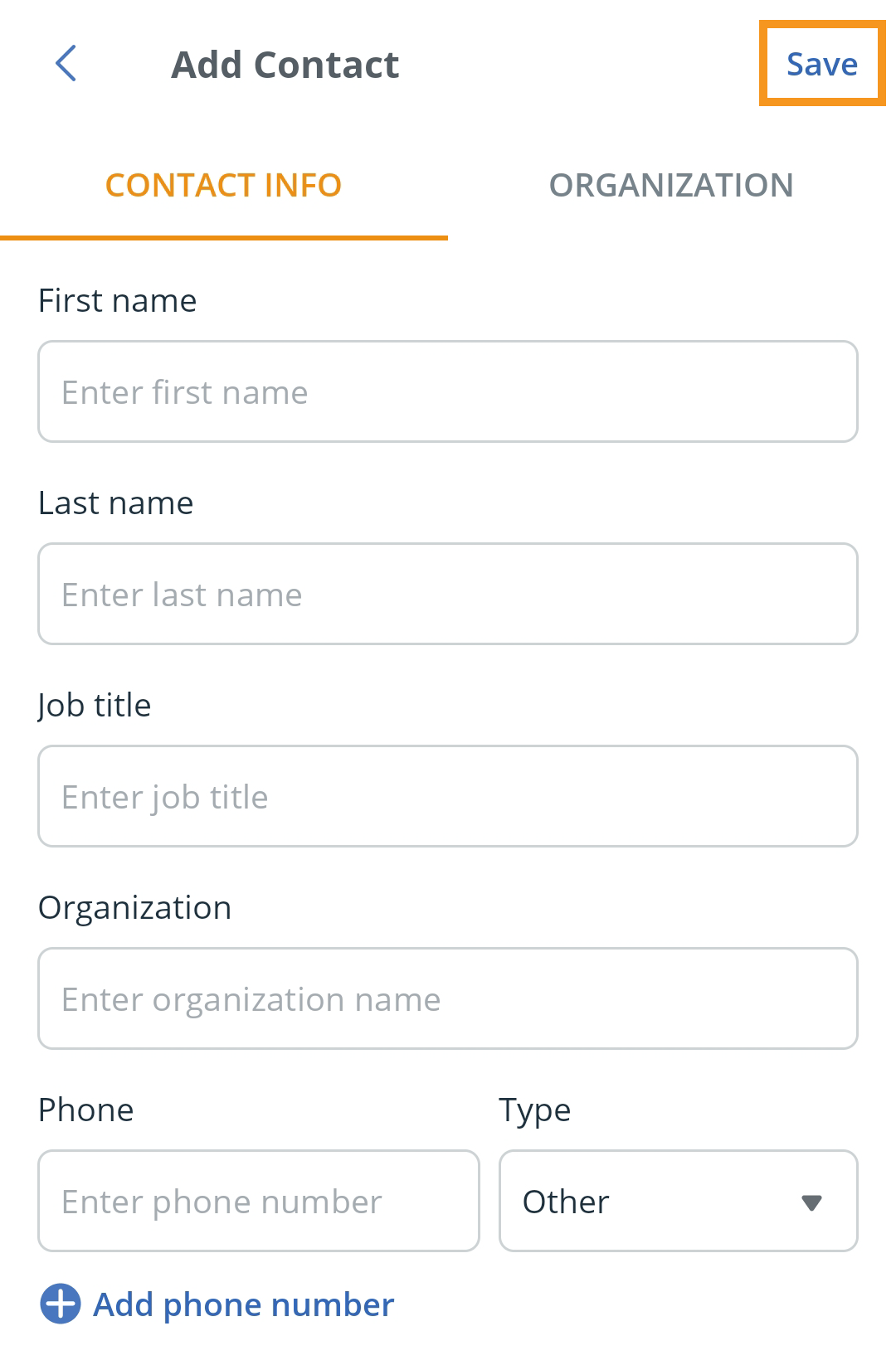 Android | Action Stream | plus icon | Add contact | Save