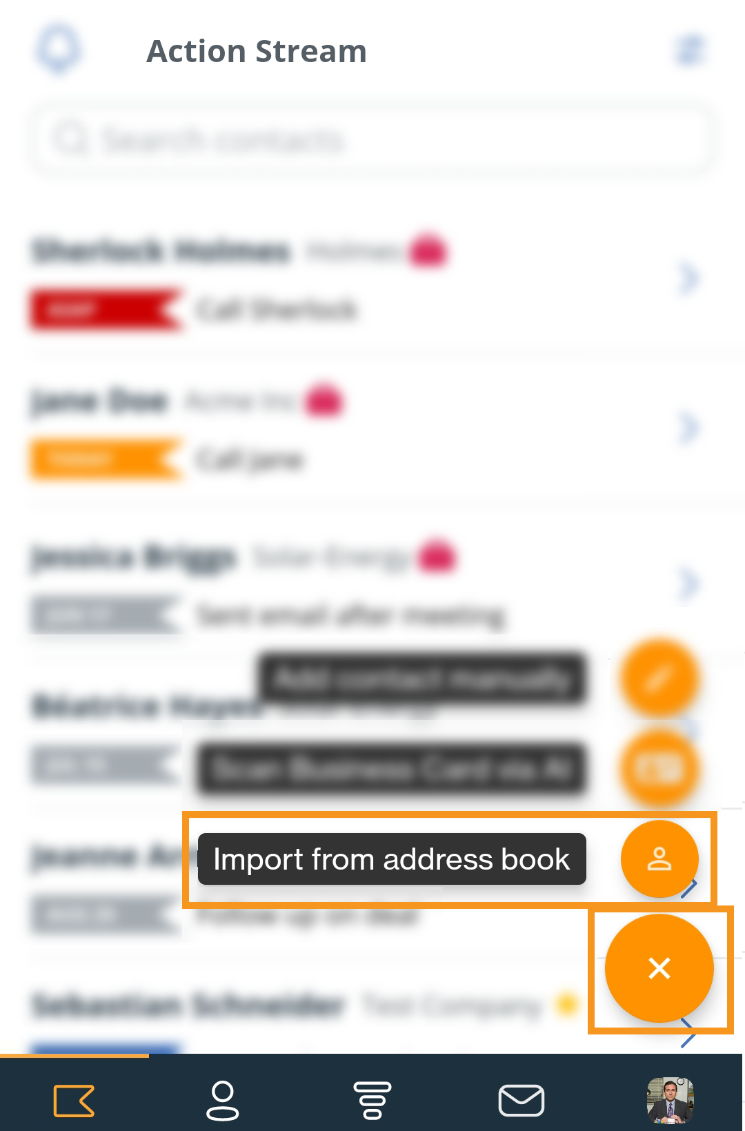 Android | Action Stream | plus icon | Import from address book