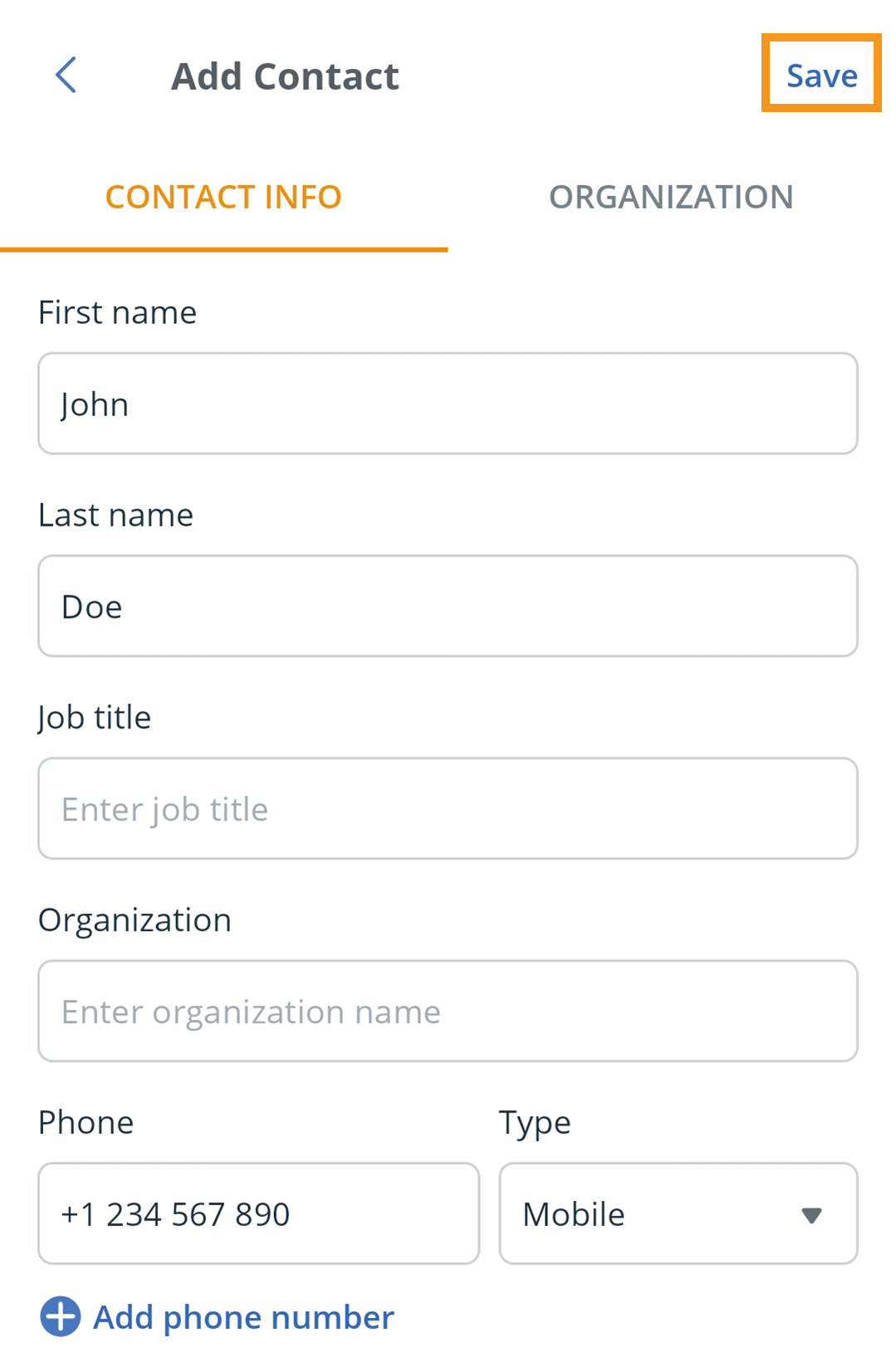 Android |  Import from address book | Save
