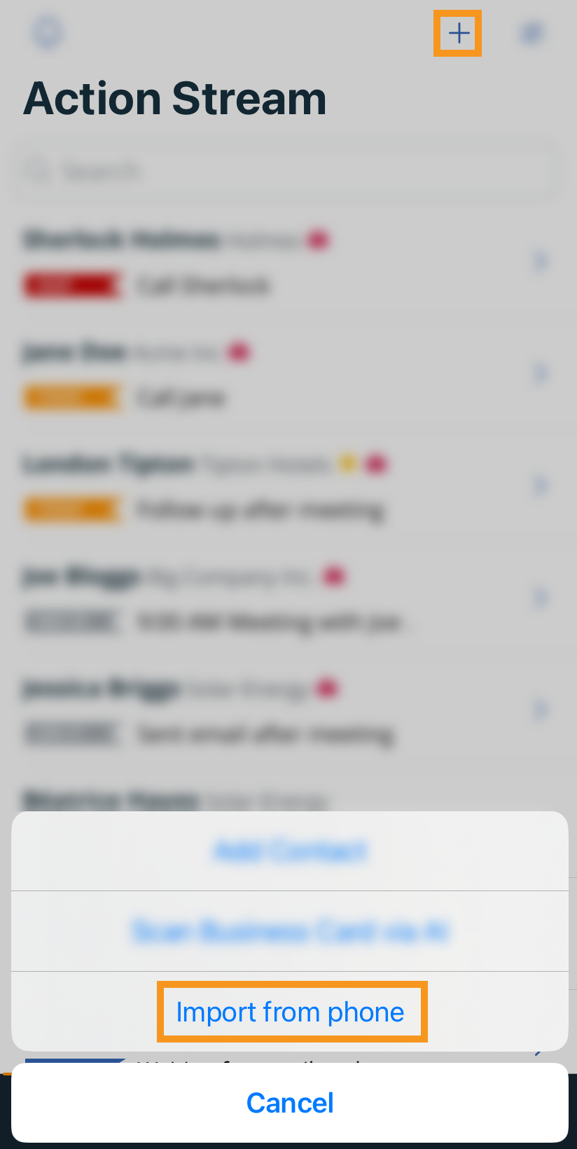 iOS | Action Stream | plus icon | Import from address book