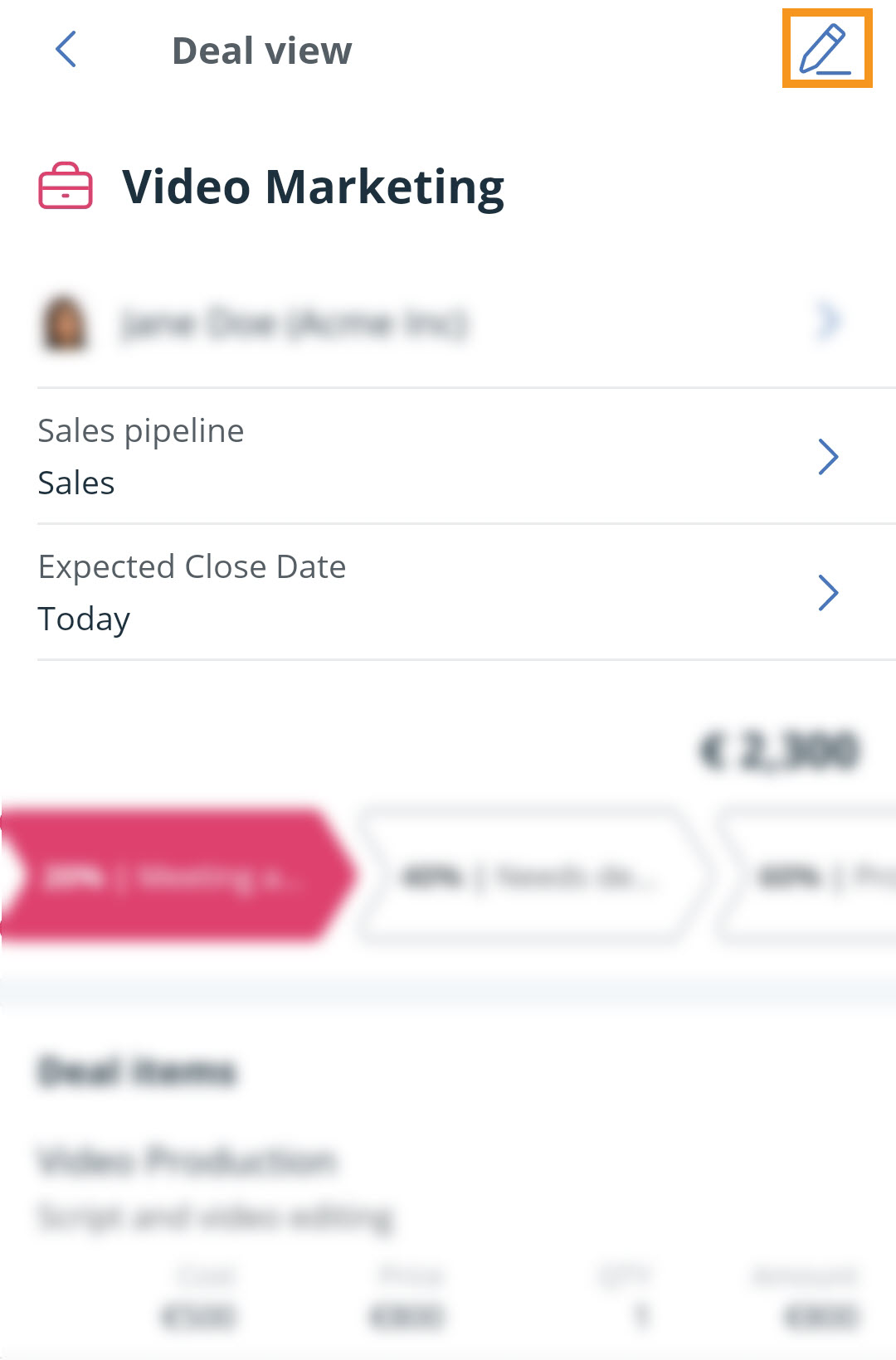 Android | Contact profile | Deal view | Pencil icon