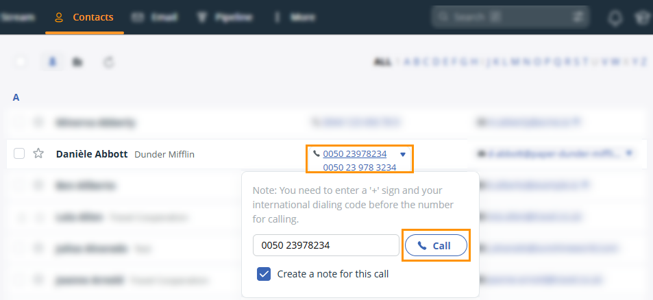 OnePageCRM | Contacts page | Initiate calls