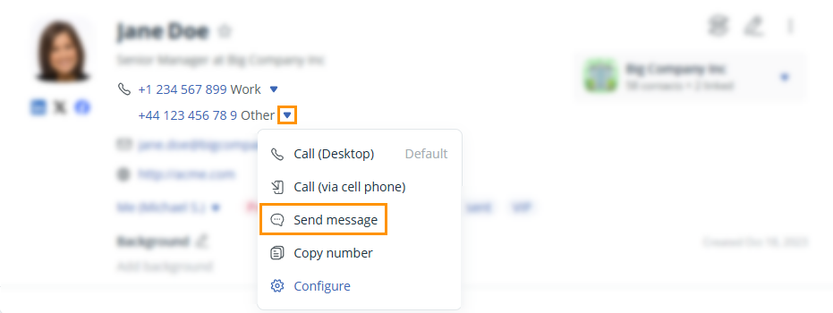 Contact profile | phone number dropdown | Send message