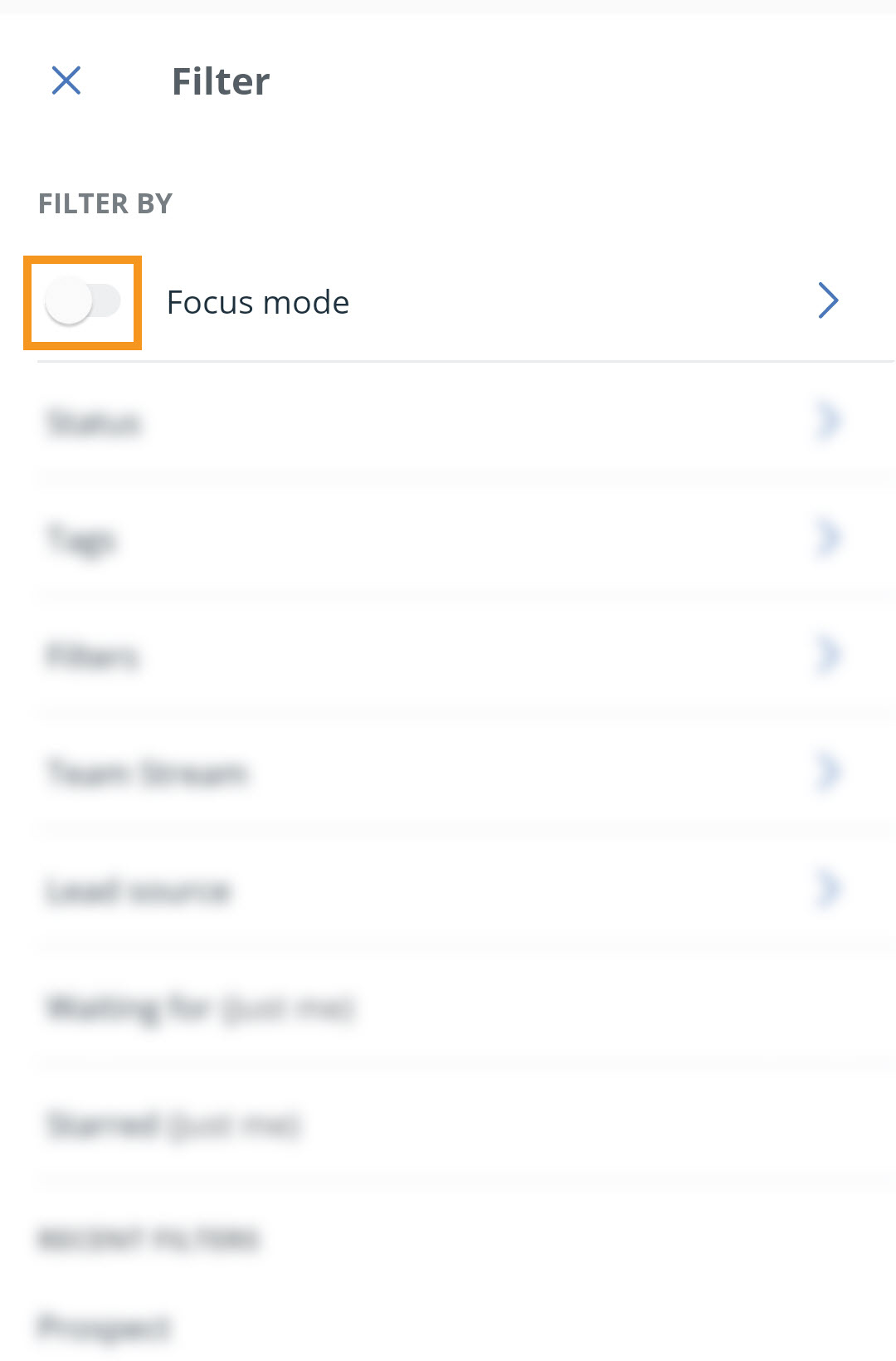 Android | Filter menu | Focus mode toggle