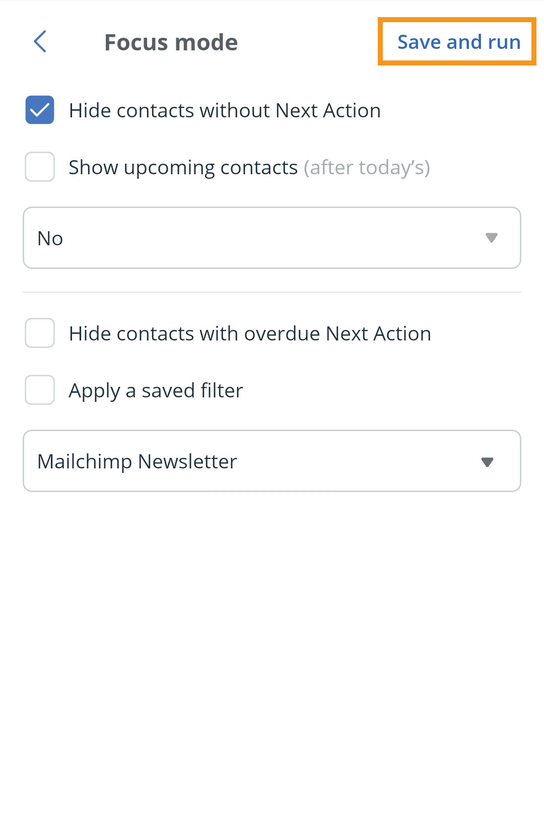 Android | Filter menu | Focus mode configuration