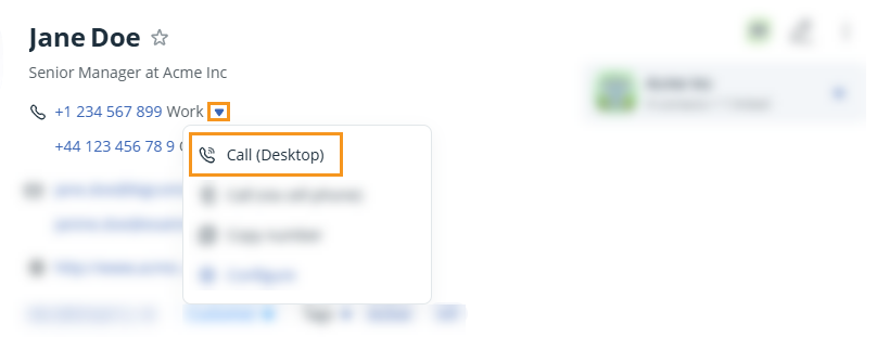 Contact profile | Phone number dropdown | Call (Desktop)